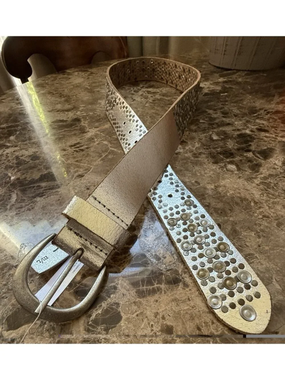 Free People Stardust Silver Studded Leather Belt M/L Metallic Western Boho NWT